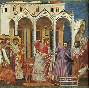 Christ casting out money changers from the temple by Giotti 14th century